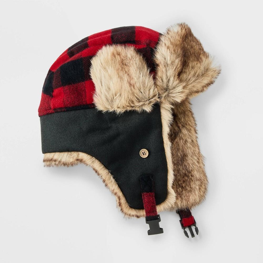 Mens Acrylic Buffalo Plaid Faux Fur Trapper Hat - Goodfellow & Co Black/Red Product Image