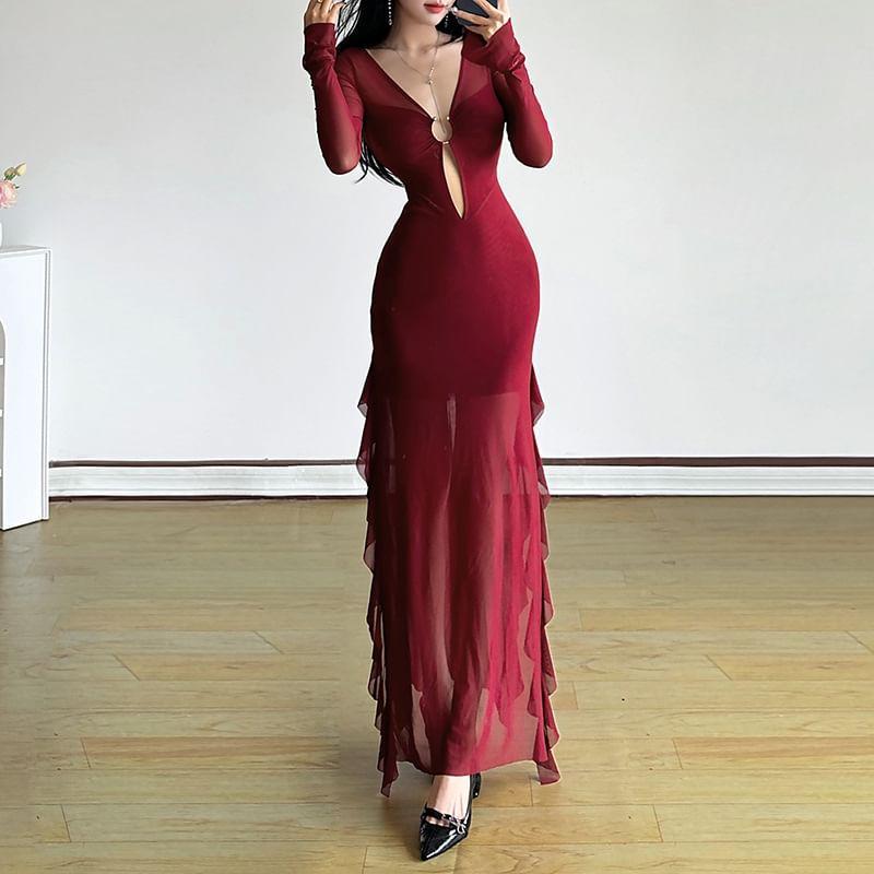 Long-Sleeve V-Neck Cutout Plain Sheer Maxi Sheath Dress Product Image