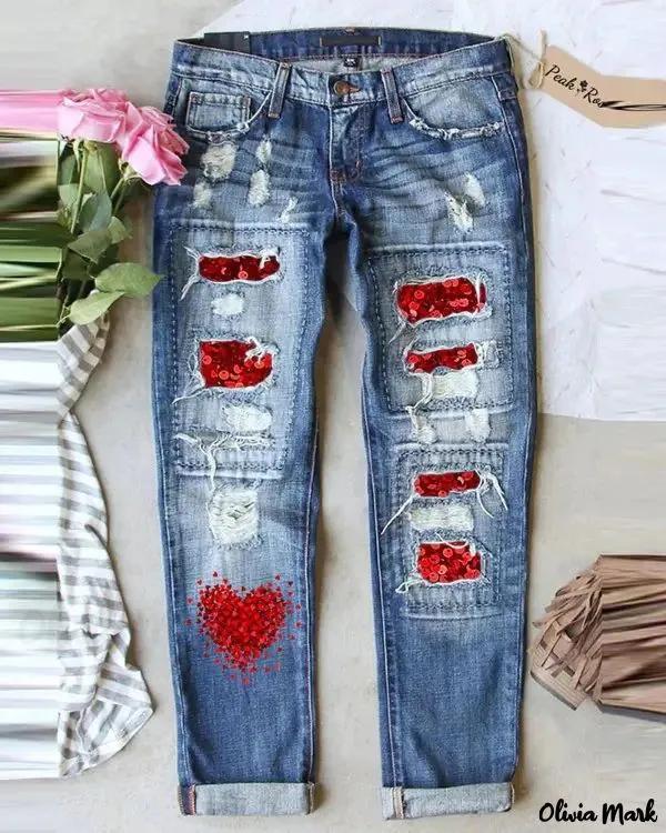 Olivia Mark – Patchwork High-Waisted Jeans with Heart Print Detail Product Image