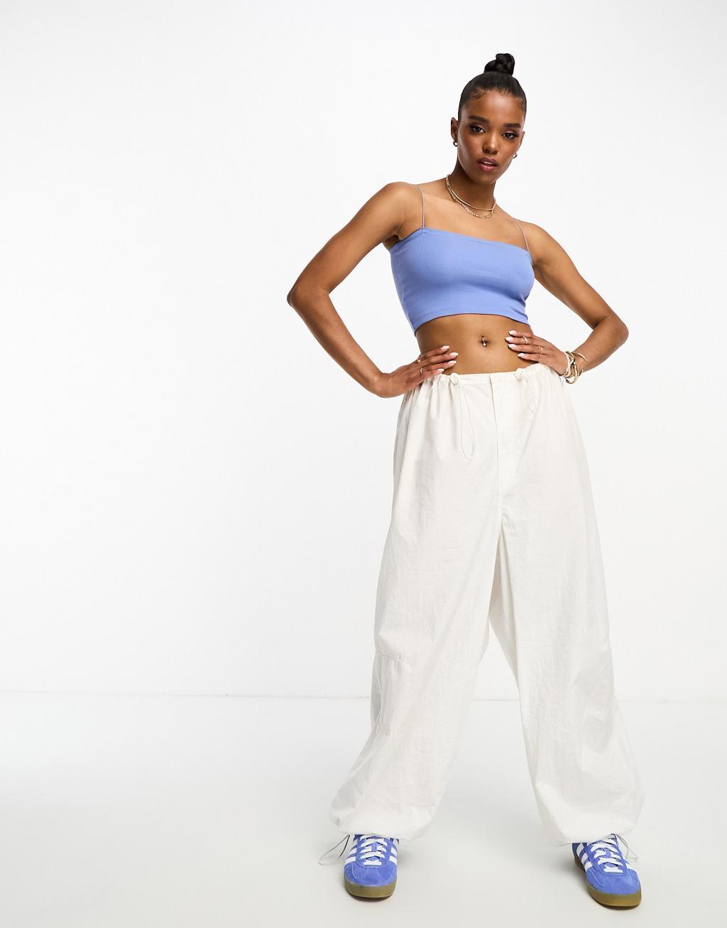 Pull&Bear 2 pack strappy ribbed tube crop top in white & petrol blue Product Image