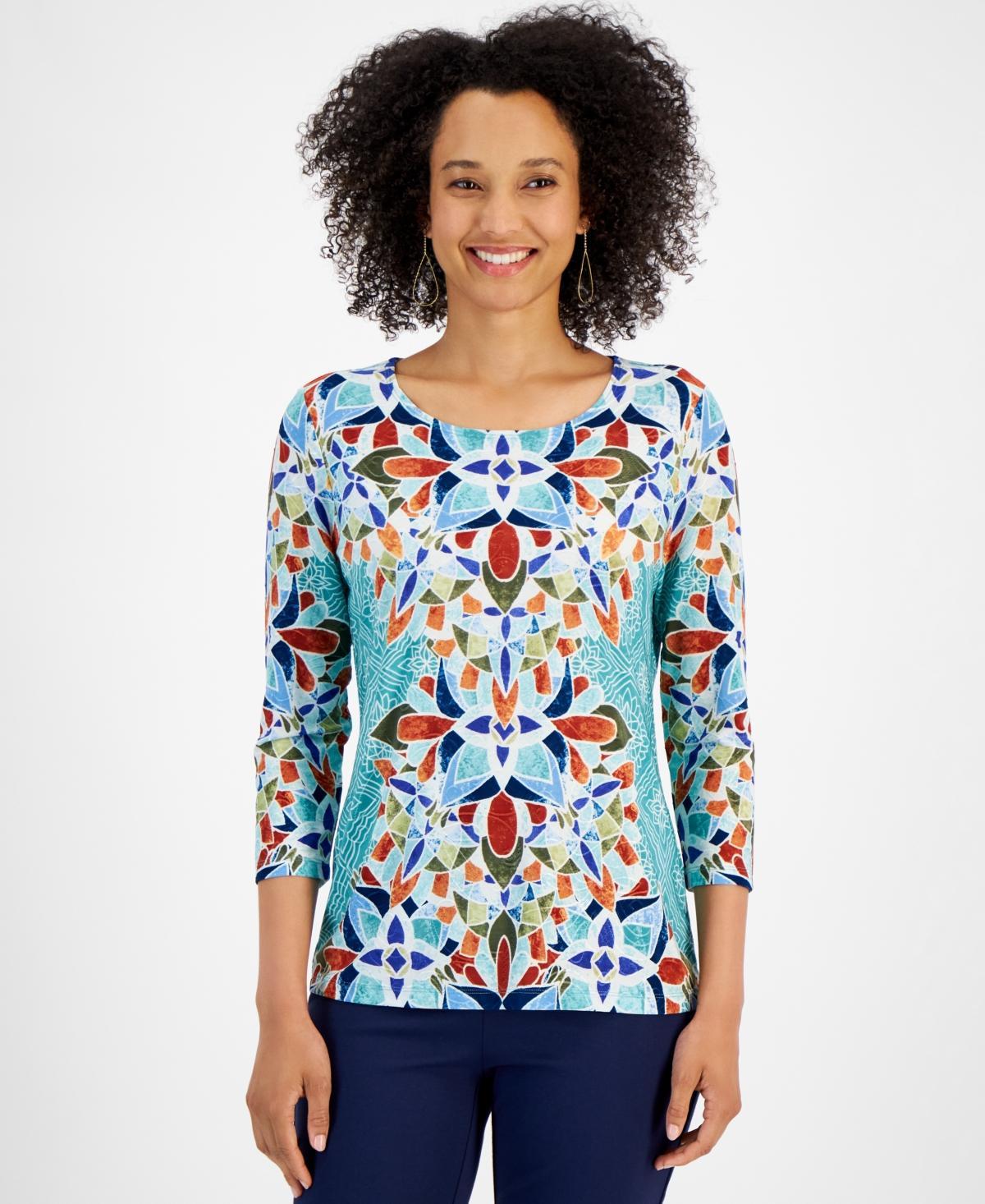 Jm Collection Womens Printed 3/4 Sleeve Jacquard Top, Created for Macys Product Image