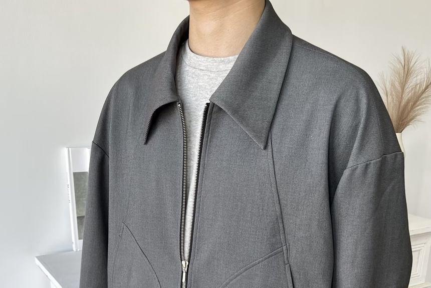 Collared Plain Zip-Up Jacket Product Image