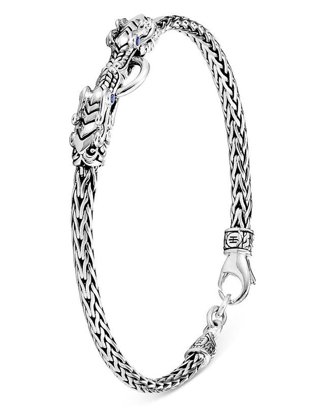 Womens Naga Dragon Silver & Blue Sapphire Double Dragon Head Slim Chain Bracelet Product Image