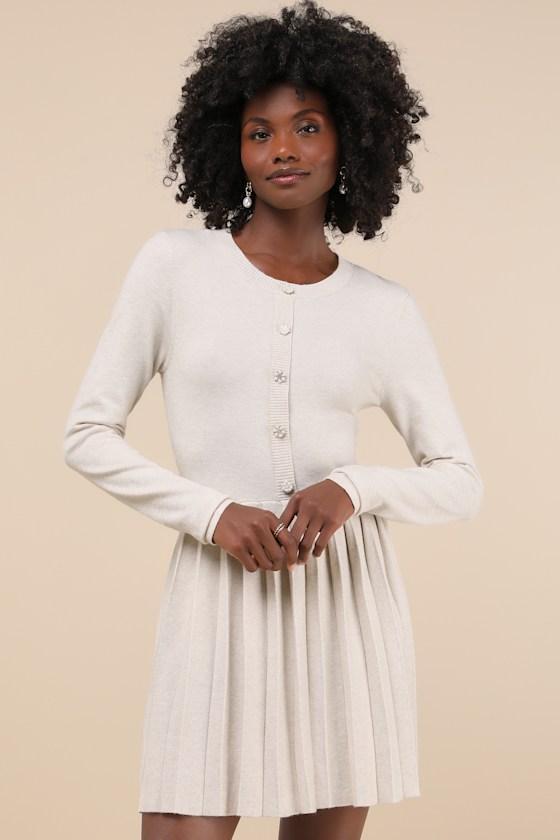 Beyond Sweet Heathered Beige Pleated Mini Sweater Dress Product Image