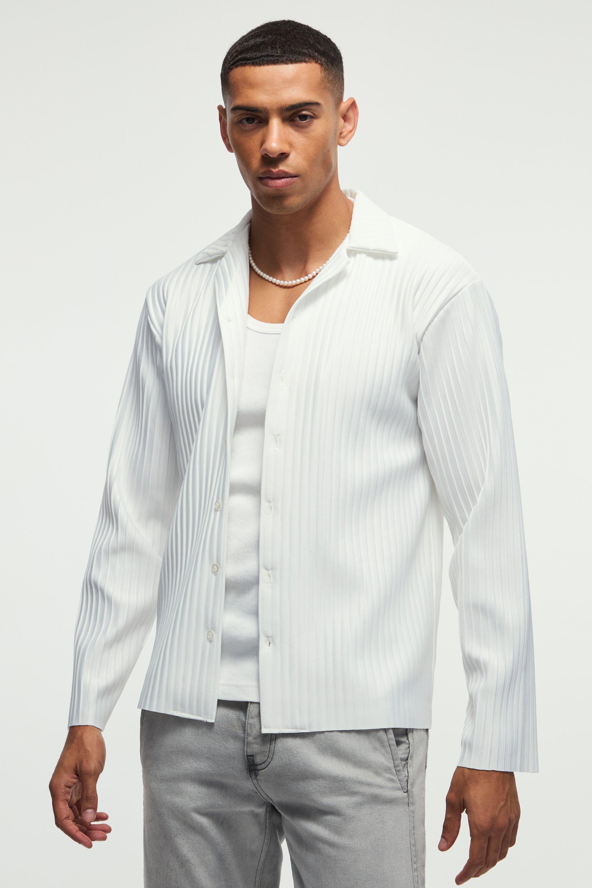 Regular Fit Revere Pleated Long Sleeve Shirt | boohooMAN USA Product Image