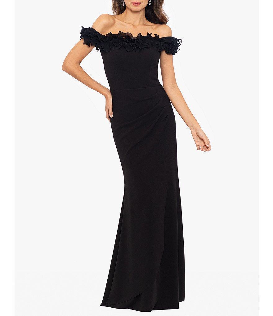 Xscape Womens Scuba-Crepe Ruffled Off-The-Shoulder Fit & Flare Gown Product Image