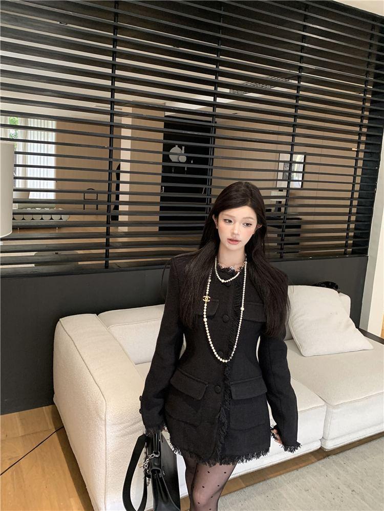 Round Neck Plain Fringe Button Coat Product Image