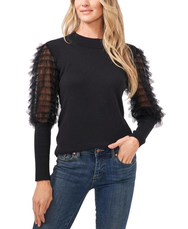 CeCe Womens Sheer Ruffled Balloon Sleeve Crewneck Sweater Product Image