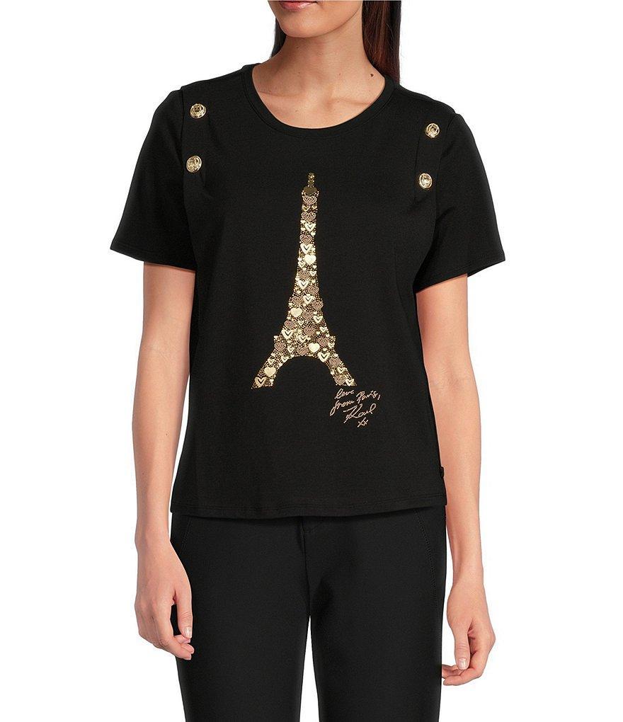 KARL LAGERFELD PARIS Eiffel Tower Knit Crew Neck Short Sleeve Tee Shirt Product Image