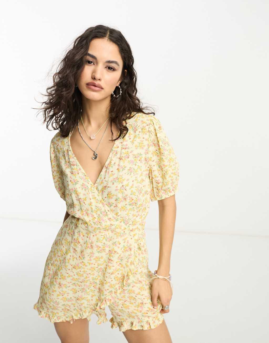 Reclaimed Vintage wrap tea romper with ruffles in yellow ditsy floral Product Image