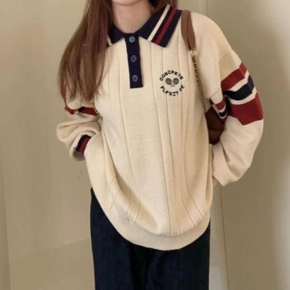 Long Sleeve Color-Block Striped Loose-Fit Polo Sweater Product Image