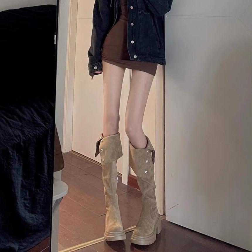 Platform Belted Button Faux Suede Over The Knee Boots Product Image