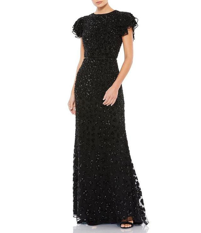 Mac Duggal Beaded Short Flutter Sleeve Crew Neck Sheath Gown Product Image