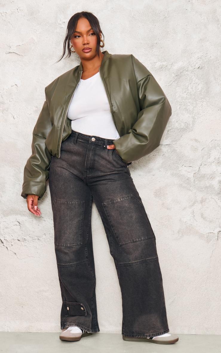 Plus Khaki Faux Leather Oversized Bomber Jacket Product Image