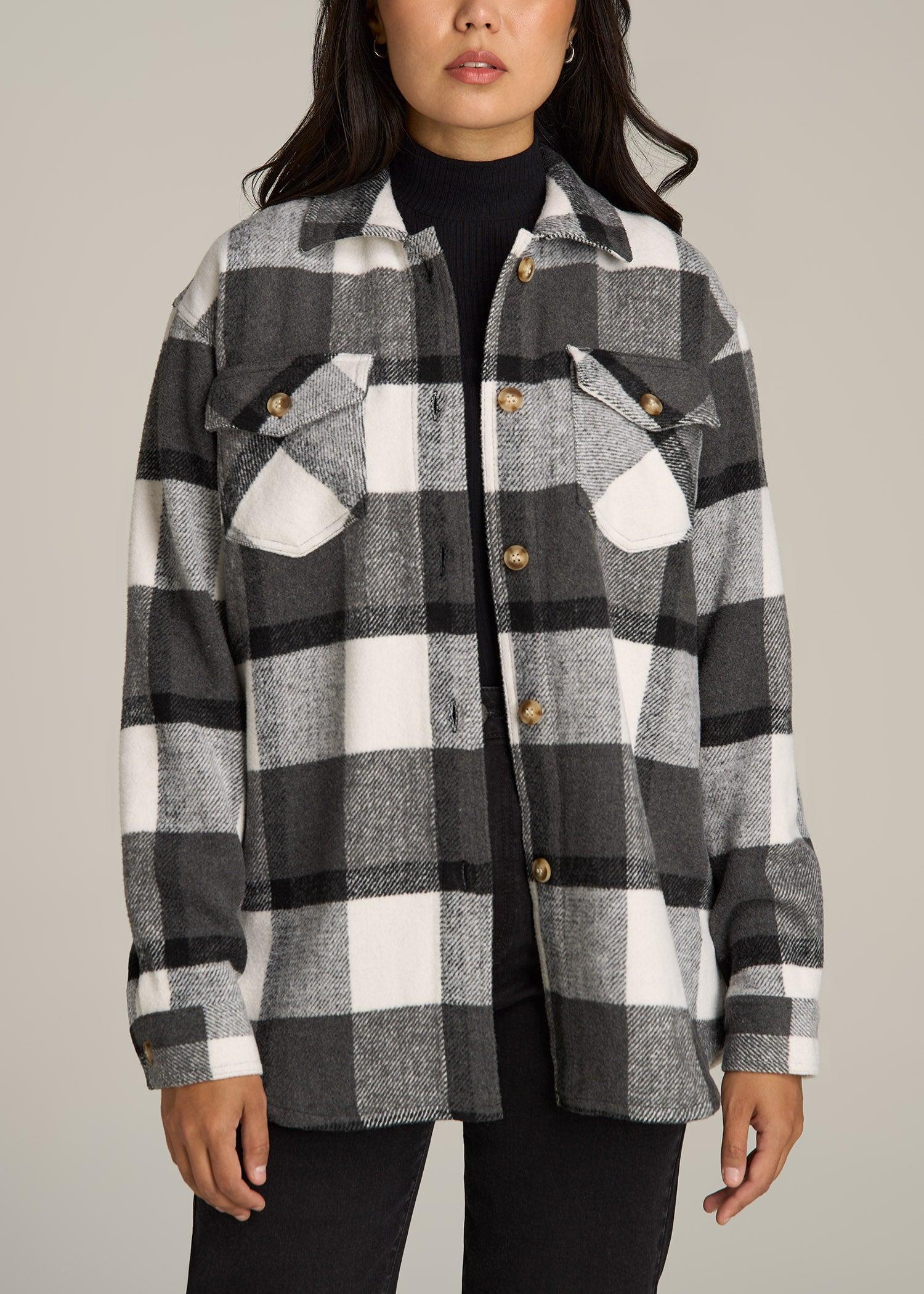 Flannel Women's Tall Shacket in Grey and Black Plaid Female Product Image