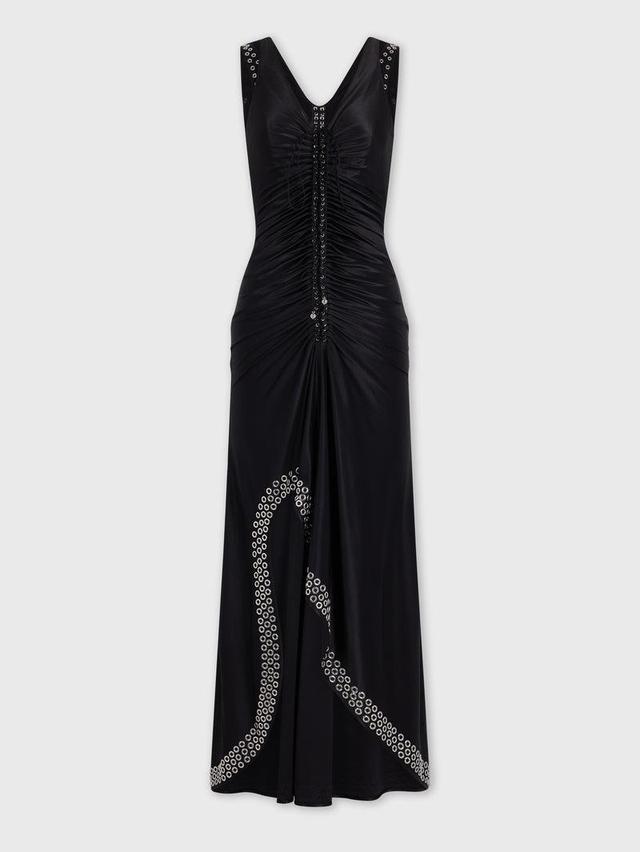 Long black dress with embroidered metallic eyelets Product Image