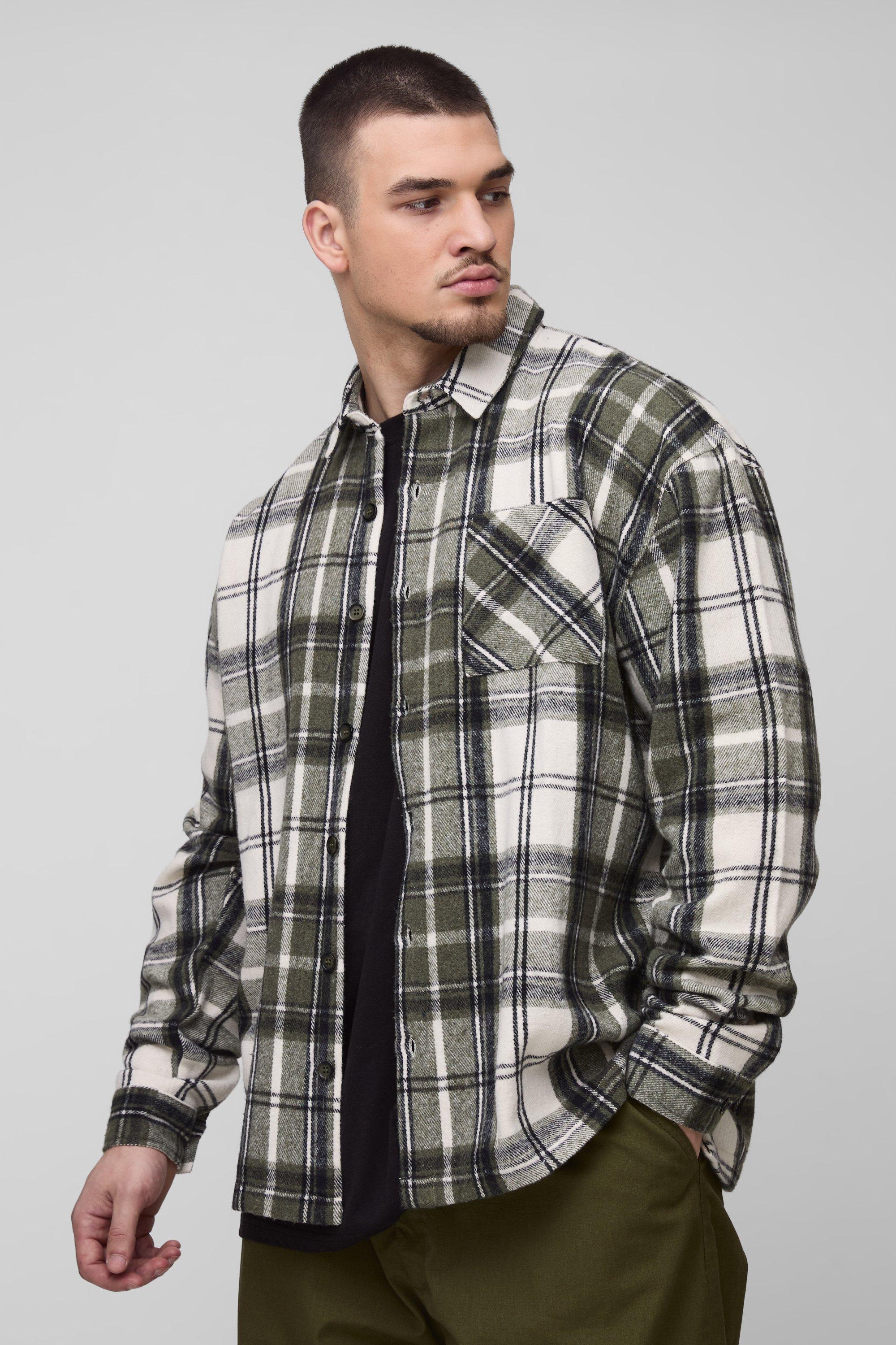 Tall Boxy Split Hem Brushed Check Overshirt | boohooMAN USA Product Image