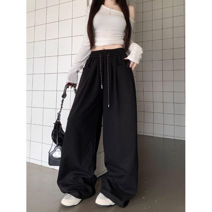 Drawstring Waist Plain Wide Leg Pants Product Image