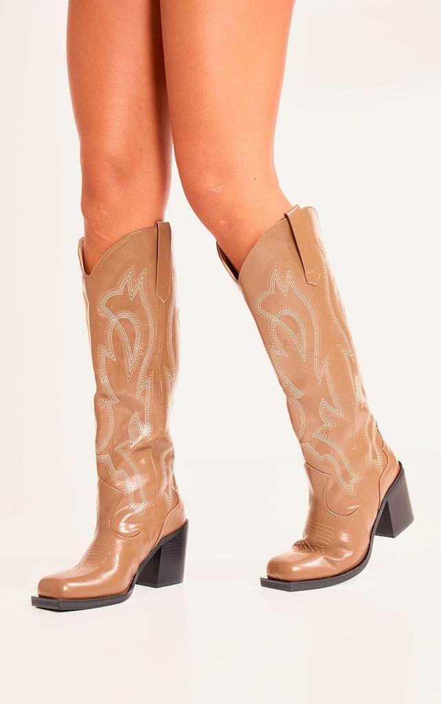 Tan PU Square Toe Stitch Detail Knee High Block Heel Western Boots Product Image