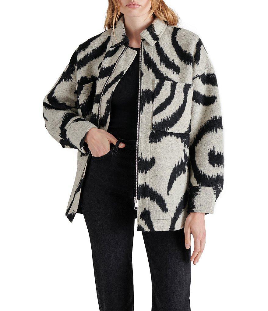 Steve Madden Abstract Sorrel Jacquard Printed Point Collar Neck Long Sleeve Zip Front Jacket Product Image