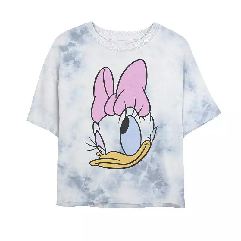 Disneys Daisy Duck Juniors Big Face Winking Bow Bombard Wash Crop Graphic Tee, Womens Product Image