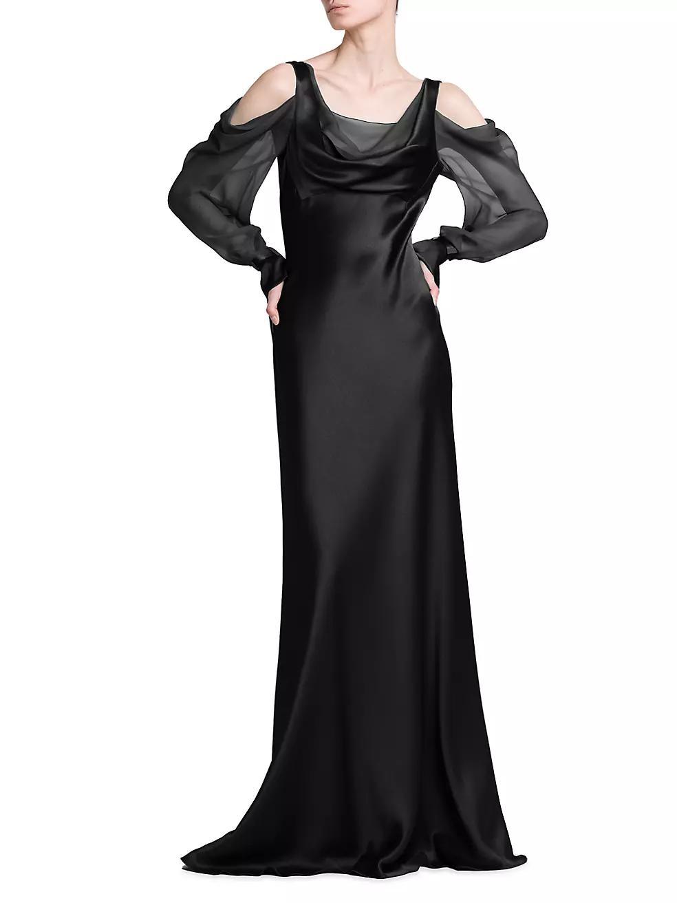 Silk Draped Cold-Shoulder Column Gown Product Image