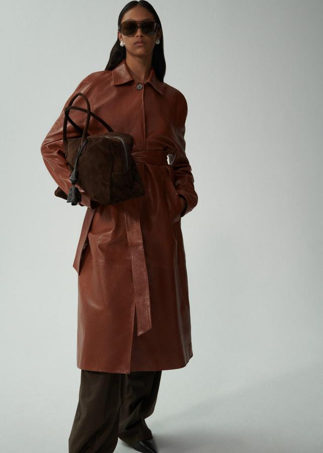 Belted leather coat in camel Product Image