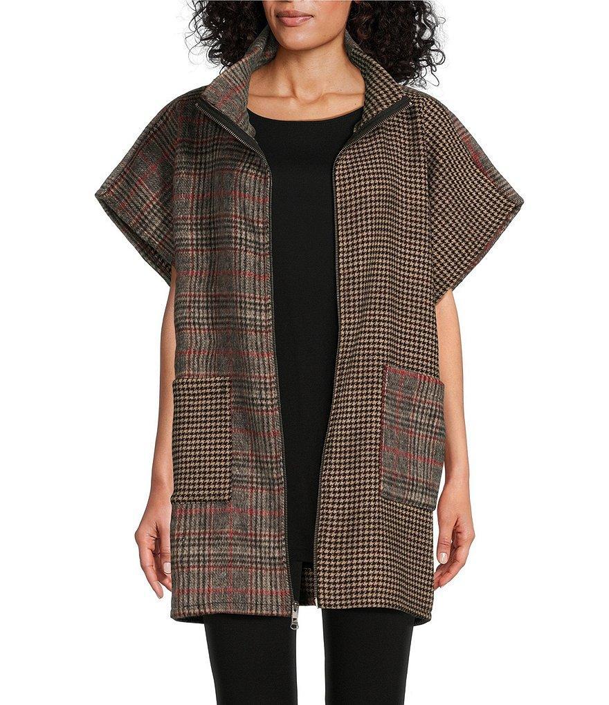 Bryn Walker Pip Doppio Faccia Recycled Plaid Mock Neck Cap Sleeve Poncho Product Image