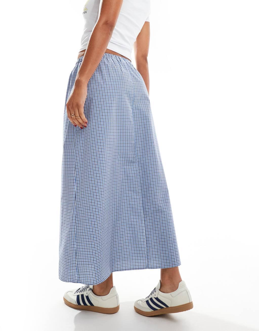 ASOS DESIGN boxer detail midi skirt in plaid in blue plaid Product Image