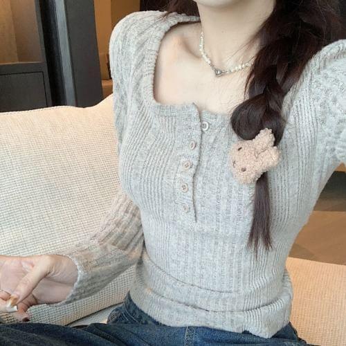 Long-Sleeve Henley Melange Ribbed Knit Top Product Image