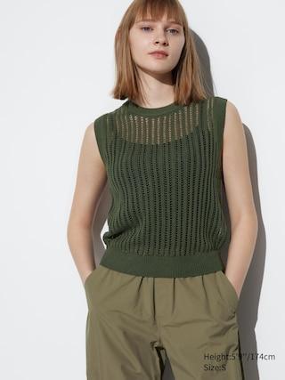 Womens Mesh Crew Neck Sleeveless Short Sweater Olive XS UNIQLO US Product Image