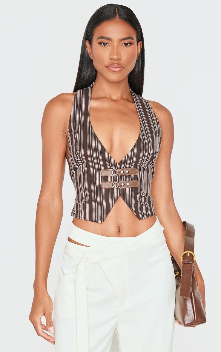 Brown Premium Woven Striped Buckle Plunge Vest Product Image