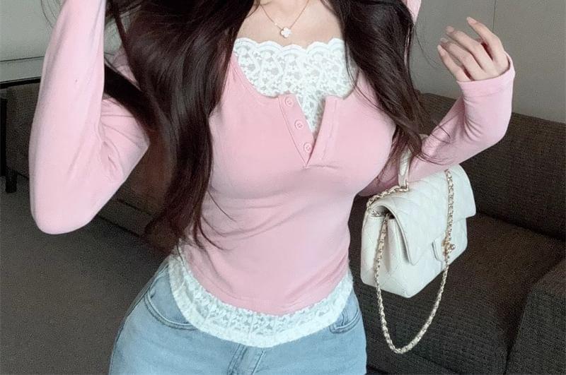 Long-Sleeve Square Neck Mock Two-Piece Lace Panel Slim Fit Crop T-Shirt Product Image