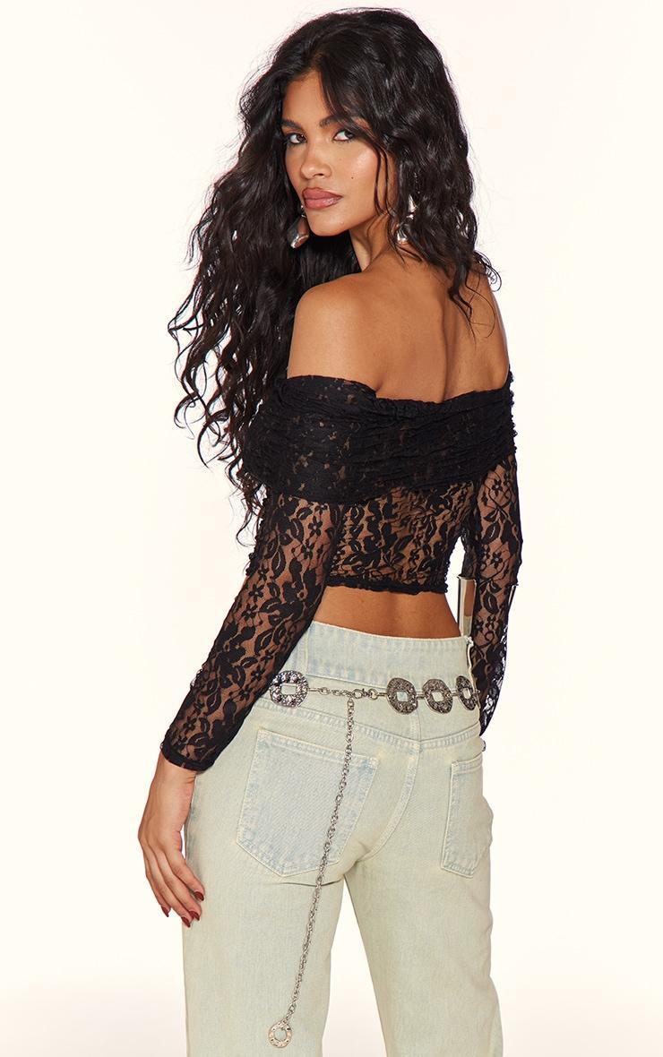 Black Lace Bardot Long Sleeve Long Top Product Image