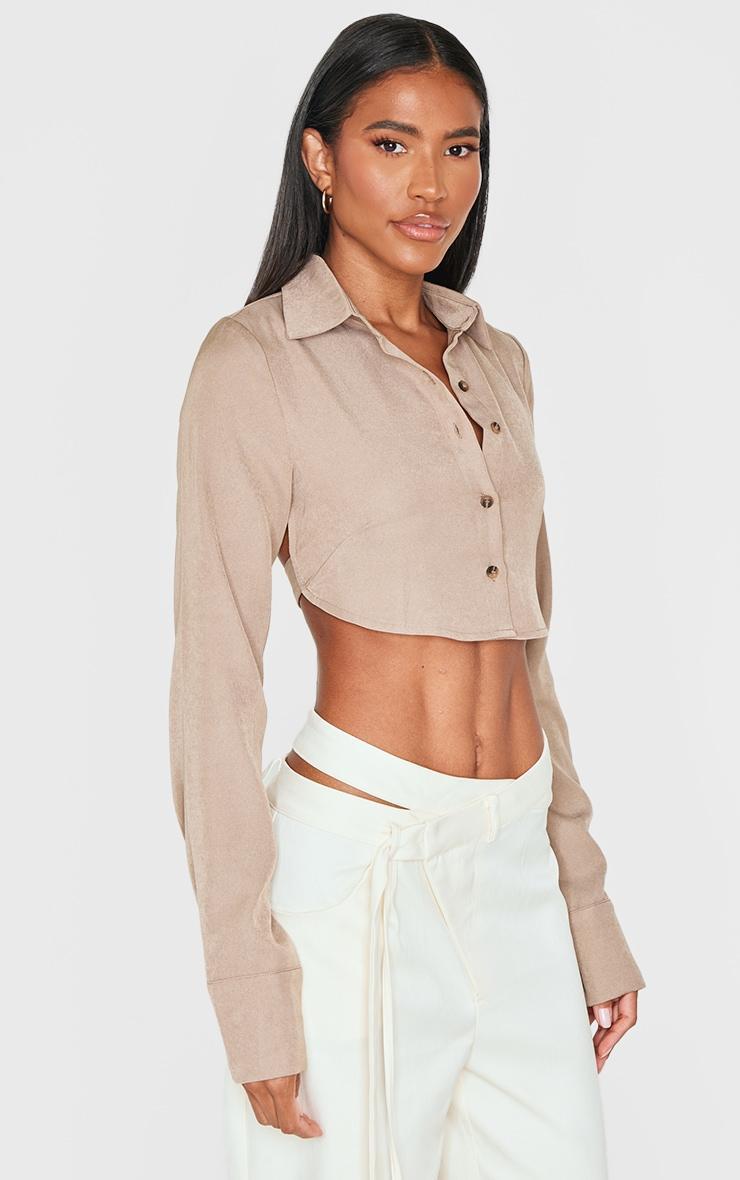 Mocha Premium Woven Tie Backless Cropped Shirt Product Image