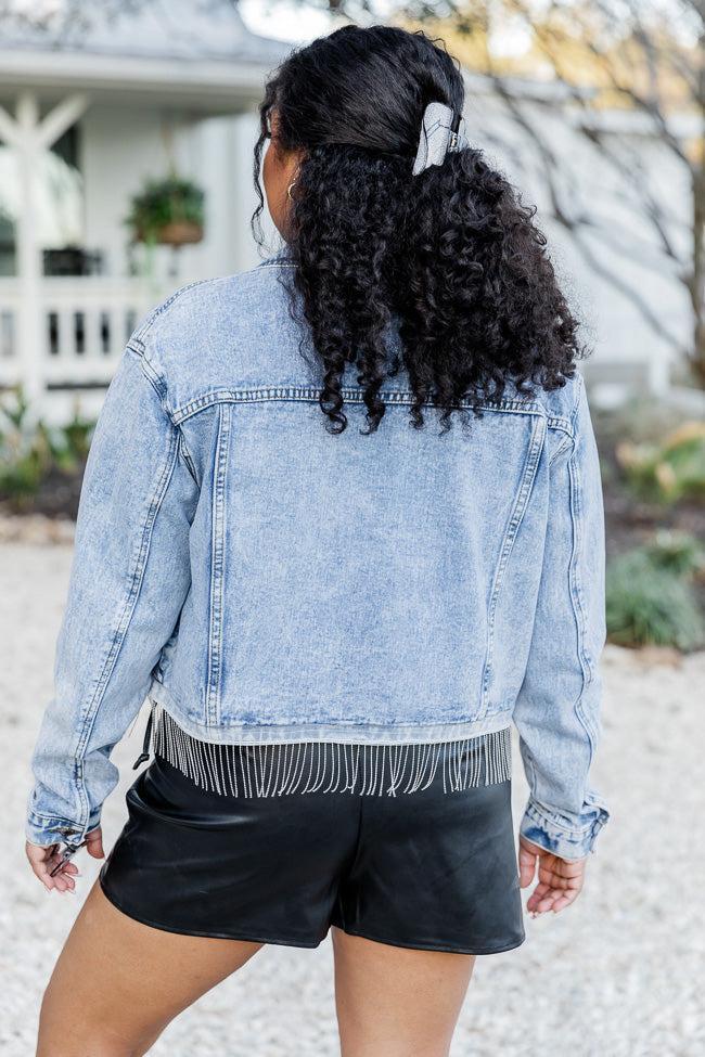 Got Nothing But Time Medium Wash Beaded Fringe Hem Denim Jacket FINAL SALE Product Image