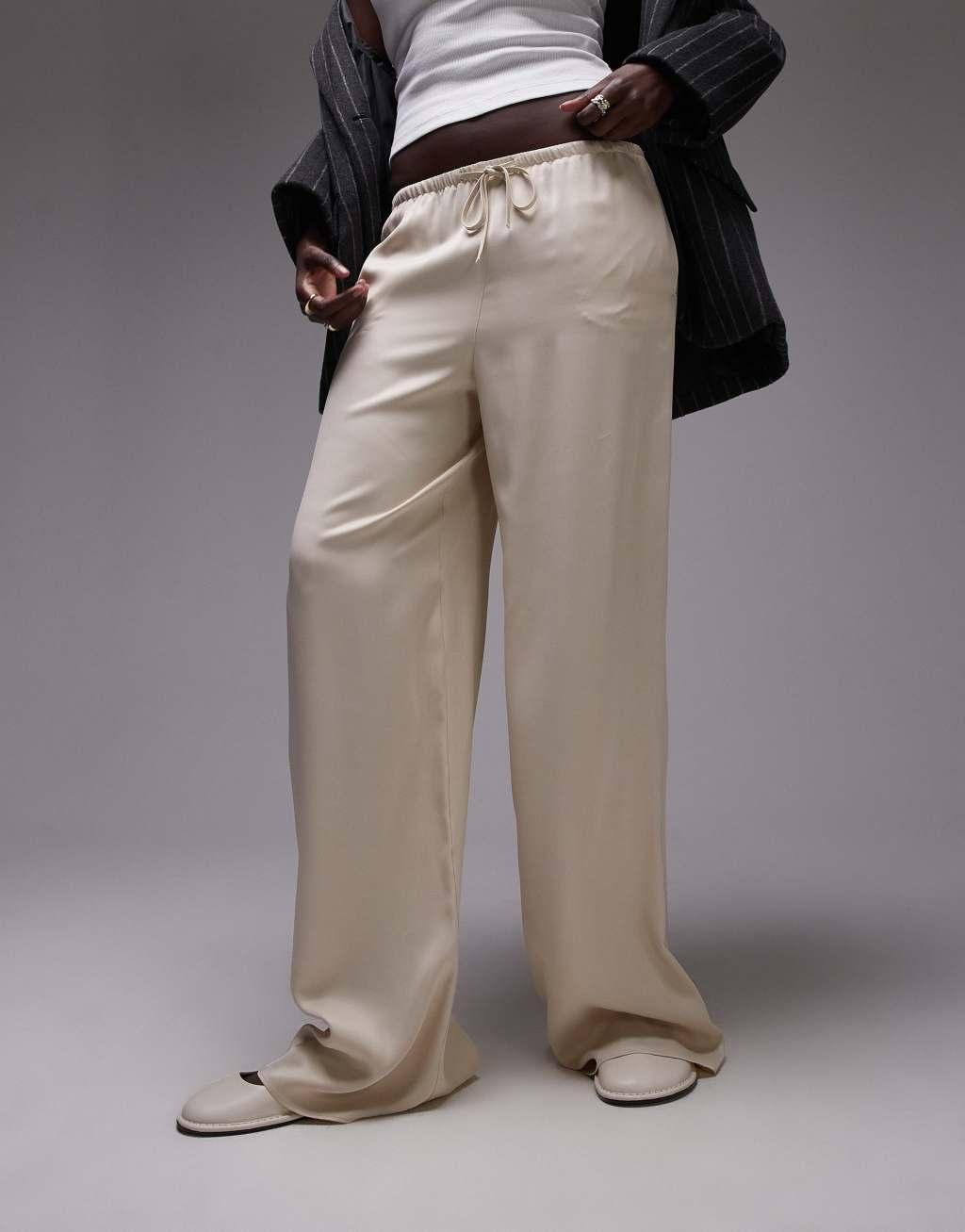 Topshop Tall satin drawstring pants in oyster Product Image