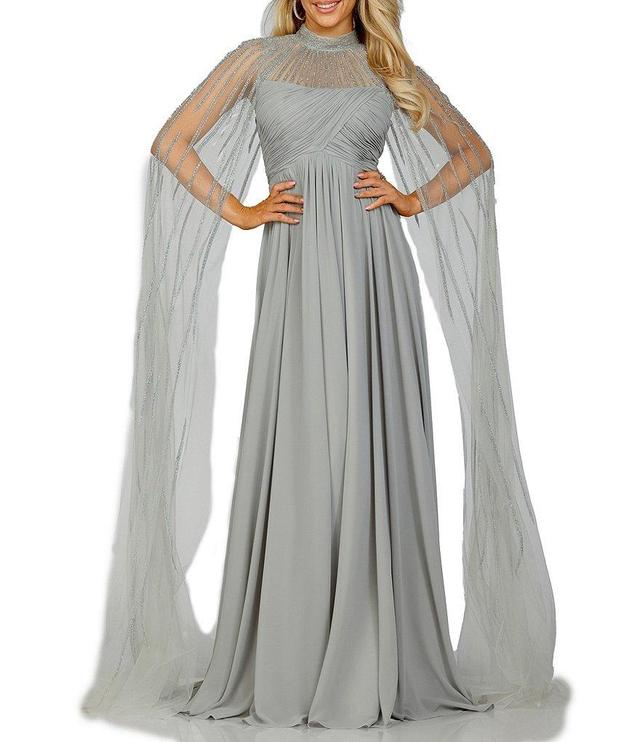 Terani Couture Chiffon Mock Neck Long Draped Embellished Sleeve A-Line Gown Product Image