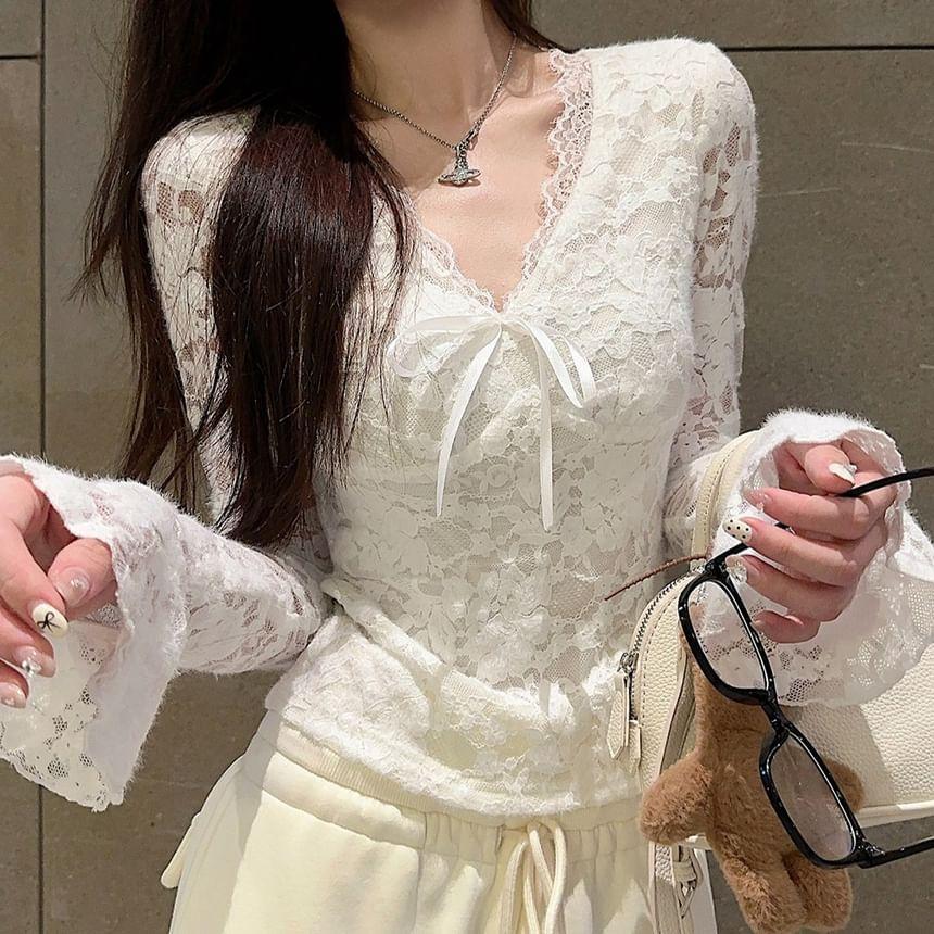 Long-Sleeve V-Neck Lace Crop Top product image