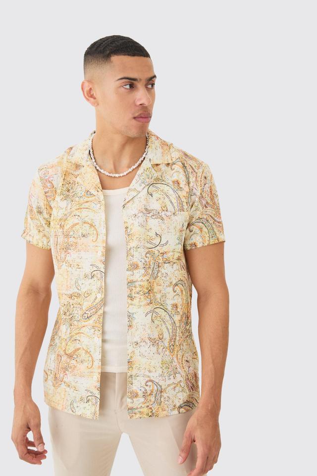 Short Sleeve Revere Linen Look Tapestry Print Shirt | boohooMAN USA Product Image