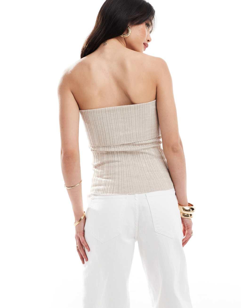 Mango ribbed fold over bandeau in beige Product Image