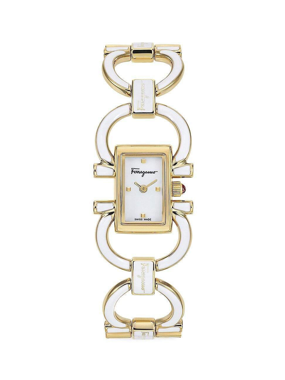 Womens Double Gancini Mini IP Yellow Gold & White Enamel Bracelet Watch Product Image