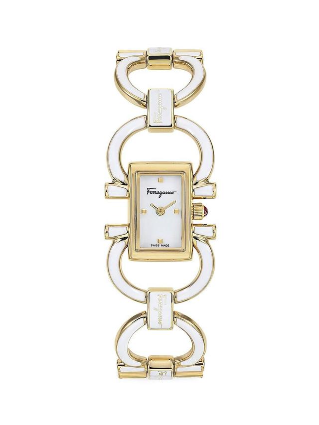 Womens Double Gancini Mini IP Yellow Gold & White Enamel Bracelet Watch Product Image