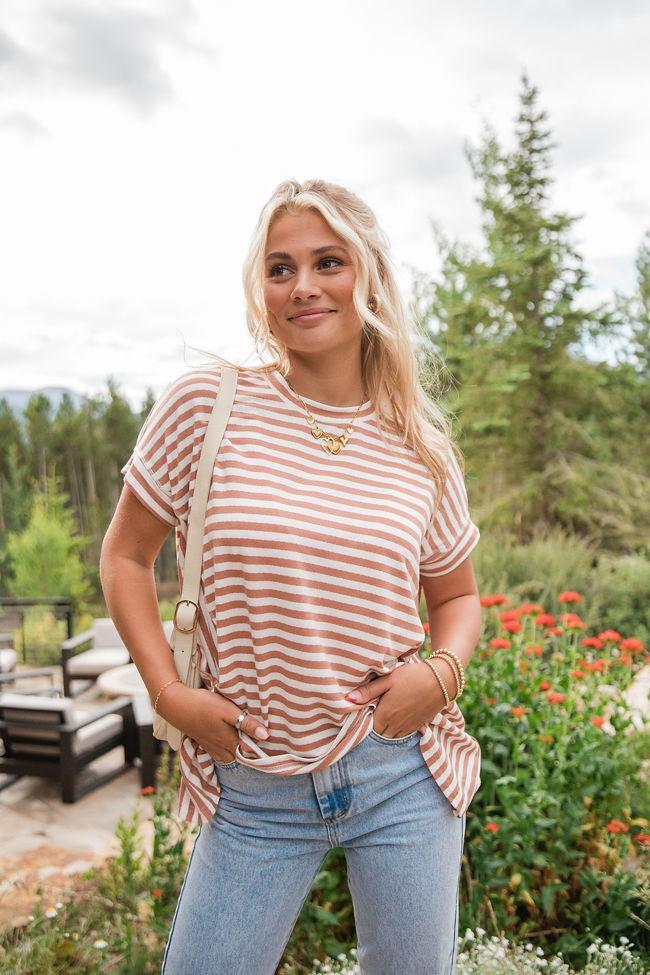 Had It All Tan and Ivory Oversized Stripe Tee Product Image