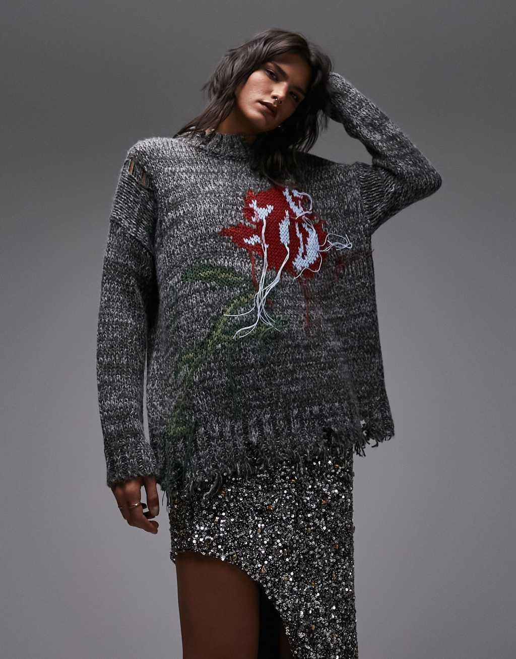 Topshop knitted graphic rose sweater in black Product Image