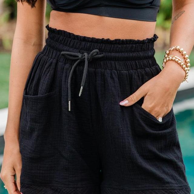 Ready For A Change Black Gauze Drawstring Shorts Product Image