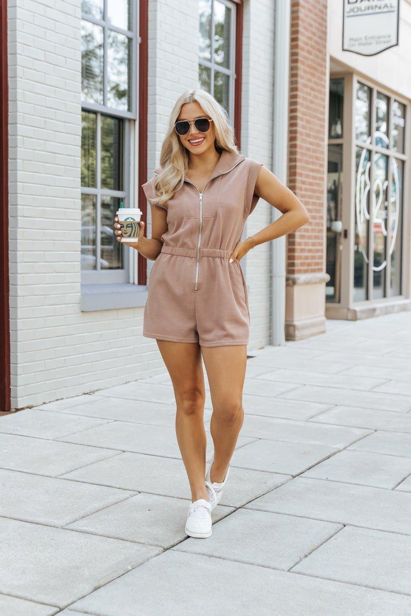 Mocha Collared Zip Up Romper - FINAL SALE Product Image