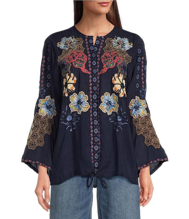 JOHNNY WAS Dianne Embroidered Patchwork Floral Split Round Neck Long Bell Sleeve Blouse Product Image