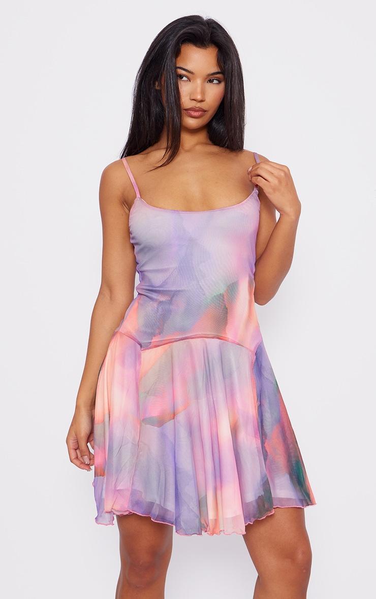 Pink Abstract Strappy Frill Shift Dress Product Image