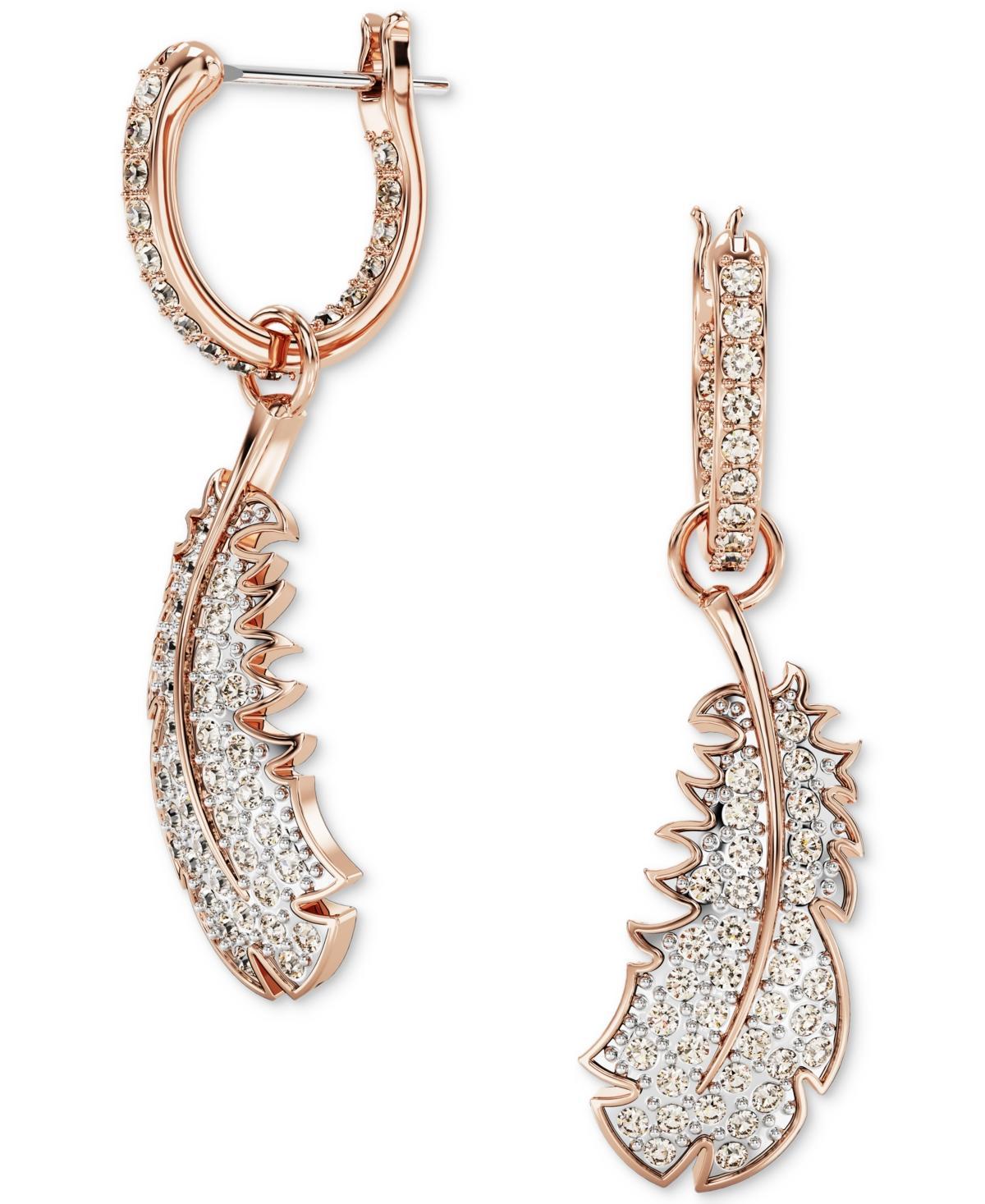 Womens Nice Rose-Goldtone & Swarovski Crystal Feather Drop Earrings Product Image